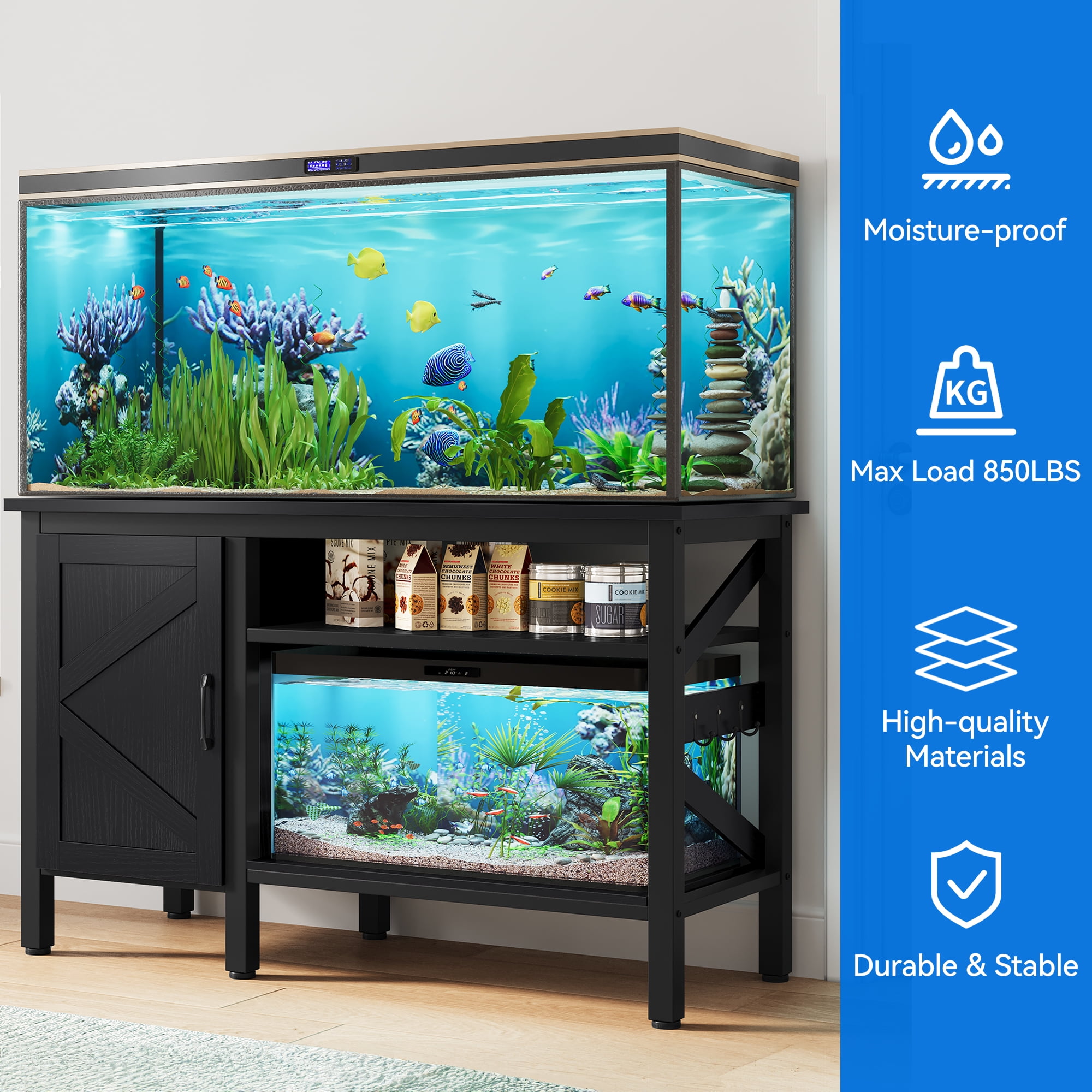 Dextrus 55-75 Gallon Large Aquarium Stand,Heavy Duty Metal Fish Tank Stand with Cabinet Accessories Storage,Ideal for Fish Tanks, Turtle Tanks, Black