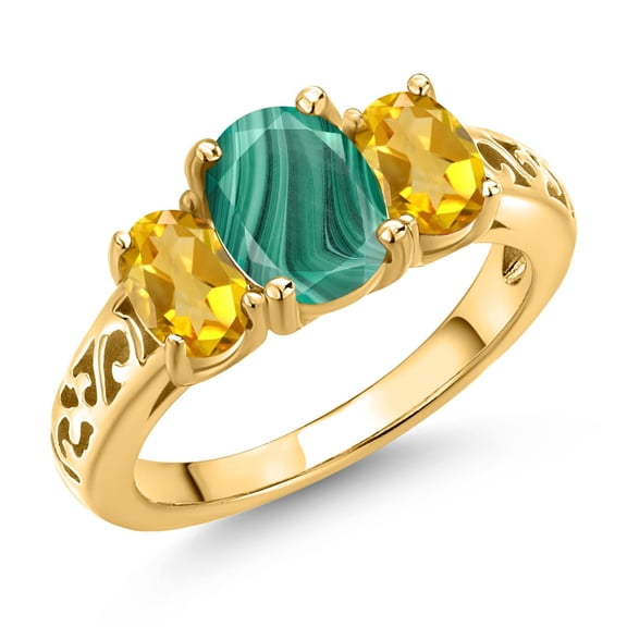 Gem Stone King 18K Yellow Gold Plated Silver Green Malachite and Yellow Citrine Filigree Style 3 Stone Ring for Women (2.90 Cttw, Oval 8X6MM and 6X4MM, Size 9) (Size 9)