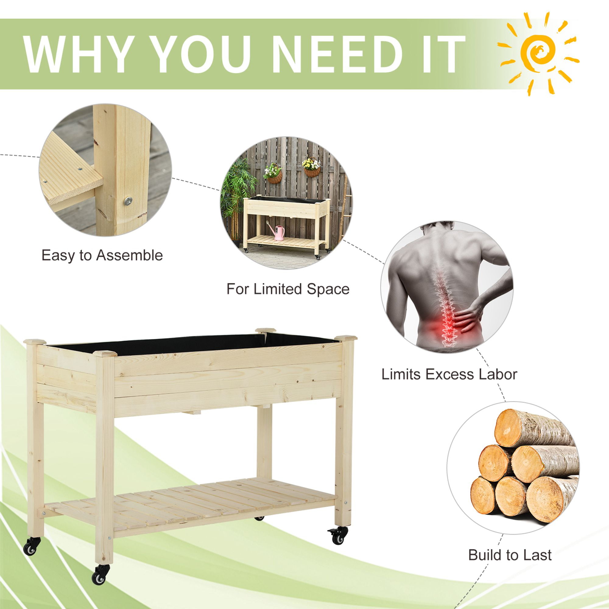 Outsunny 47" x 21" Raised Garden Bed, Elevated Wooden Planter Box, Natural