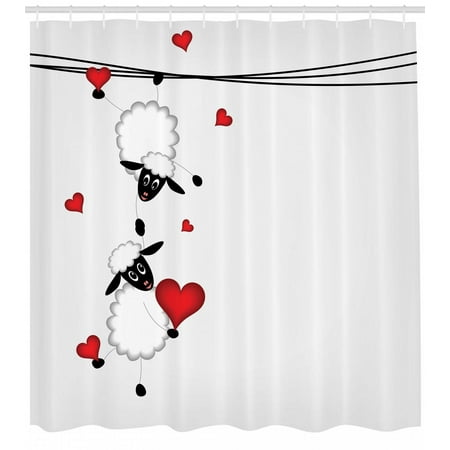 Animal Shower Curtain Sheep Couple With Heart Shapes In Love Animal Shower Curtain Sheep Couple With Heart Shapes In Love Hanging On Washing Fun Comic