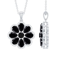 Rosec Jewels Floral Pendant Necklace for Women, Black Spinel Pendant with Moissanite, 925 Sterling Silver