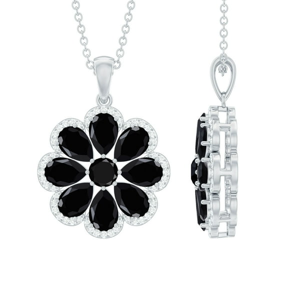 Rosec Jewels Floral Pendant Necklace for Women, Black Spinel Pendant with Moissanite, 925 Sterling Silver