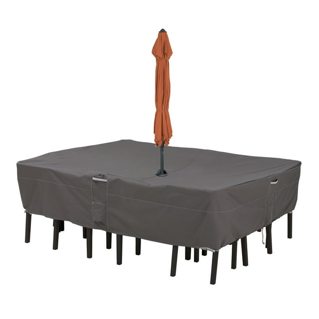 Classic Accessories Ravenna Water-Resistant 108 Inch Rectangular/Oval Patio Table & Chair Set Cover with Umbrella Hole, Outdoor Table Cover