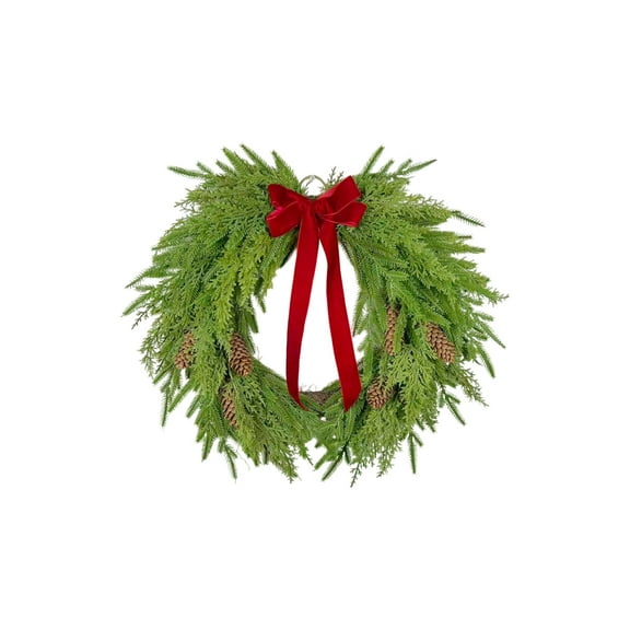 Norfolk Pine Wreath with Red Bow for Front Door, Real Touch Norfolk Pine Wreath Artificial Green Wreath Greenery Realistic Wreath Holiday Decoration for Home Decor