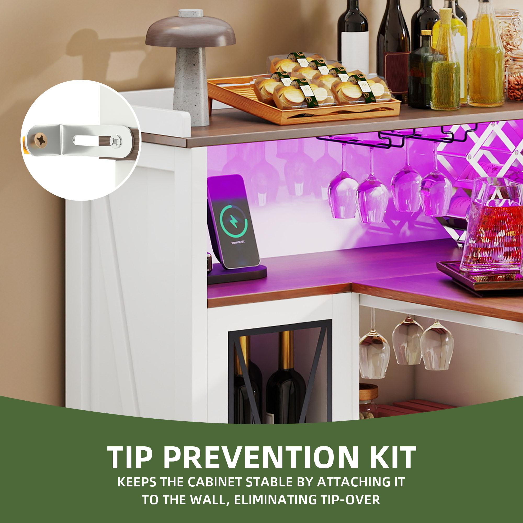 Uforic Wine Cabinet with Power Outlets & LED Lights, Bar Table with Wine Storage & Glass Rack, White