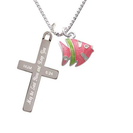 Keeping Tropical Fish - Silvertone Hot Pink Tropical Fish with Lime Green Stripe - Bless and Keep You - Cross Necklace