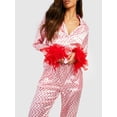 thumbnail image 4 of Women Satin Loungewear Set Heart Print Feather Cuff Long Sleeve Tops with Pants Sleepwear Valentines Day Pjs, 4 of 6