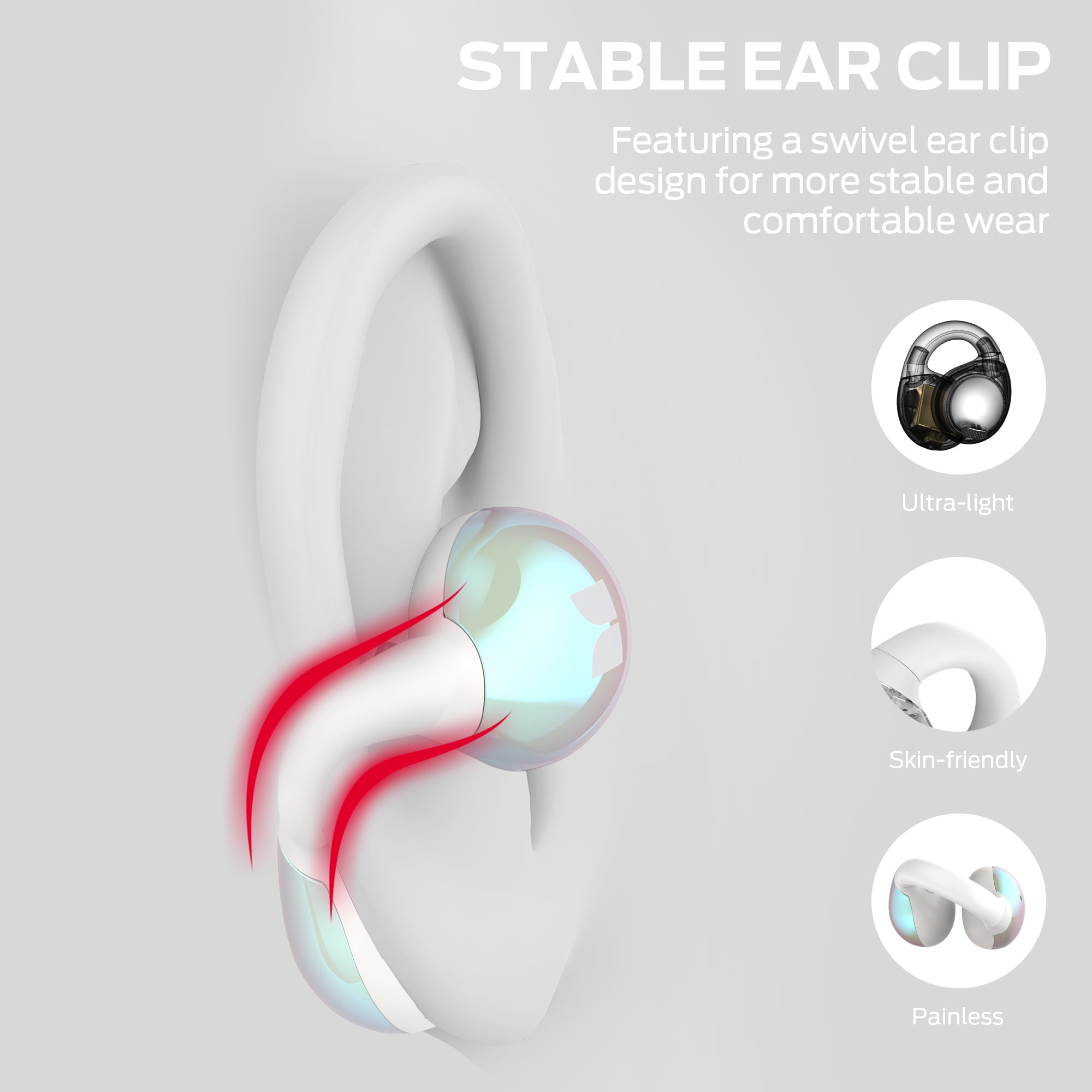 Monster Bluetooth Wireless Headphones Bone Conduction Ear Clip Bluetooth 5.4 Earphone Multi Mic AI noise Cancelling Wireless Earbuds, White
