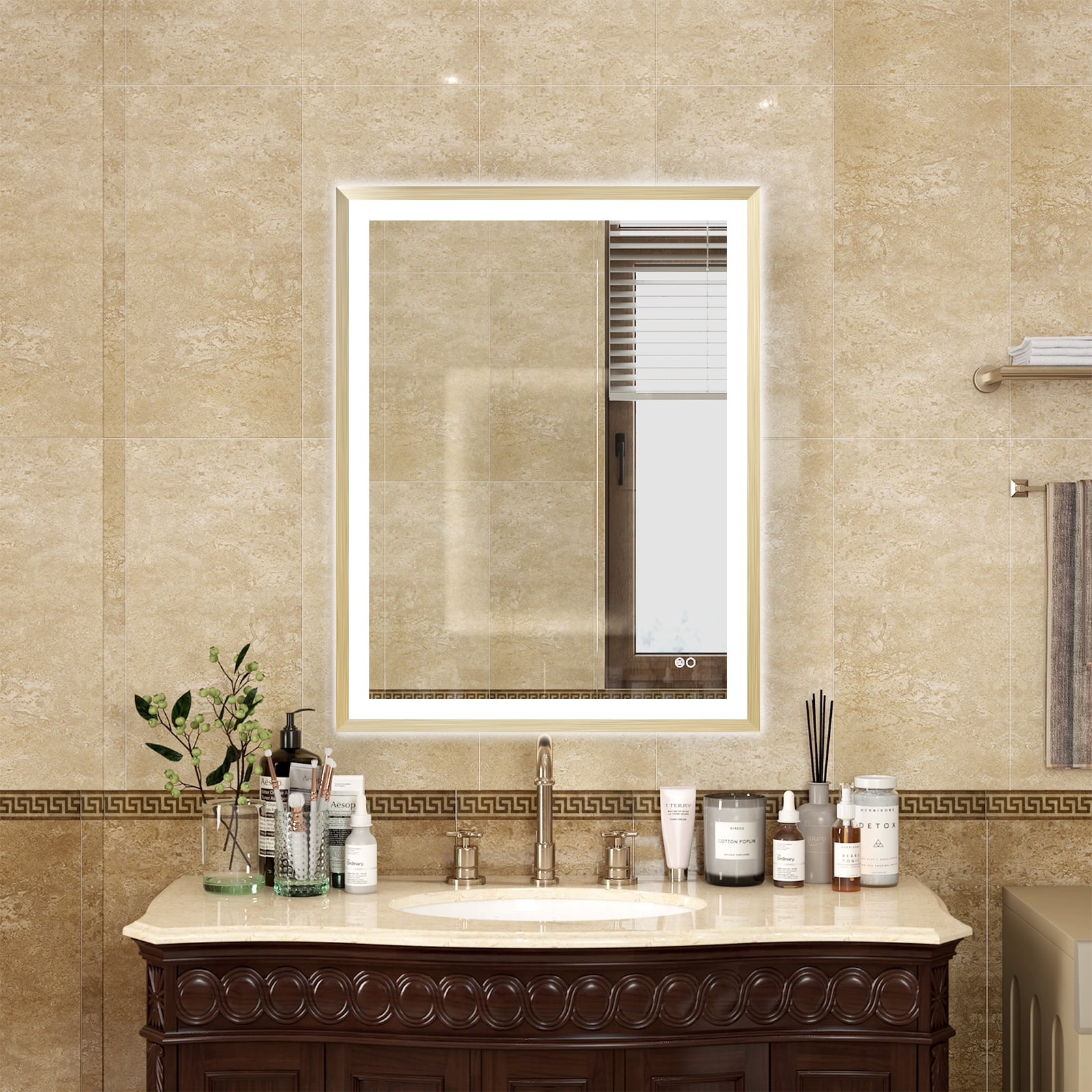Forclover 28 x 36inch LED Bathroom Mirror, Backlit and Front Lighted Mirror  for Bathroom, Wall Mounted Bathroom Vanity Framed Mirror Includes Dimmer,  Defogger, Vertical Horizontal, Gold
