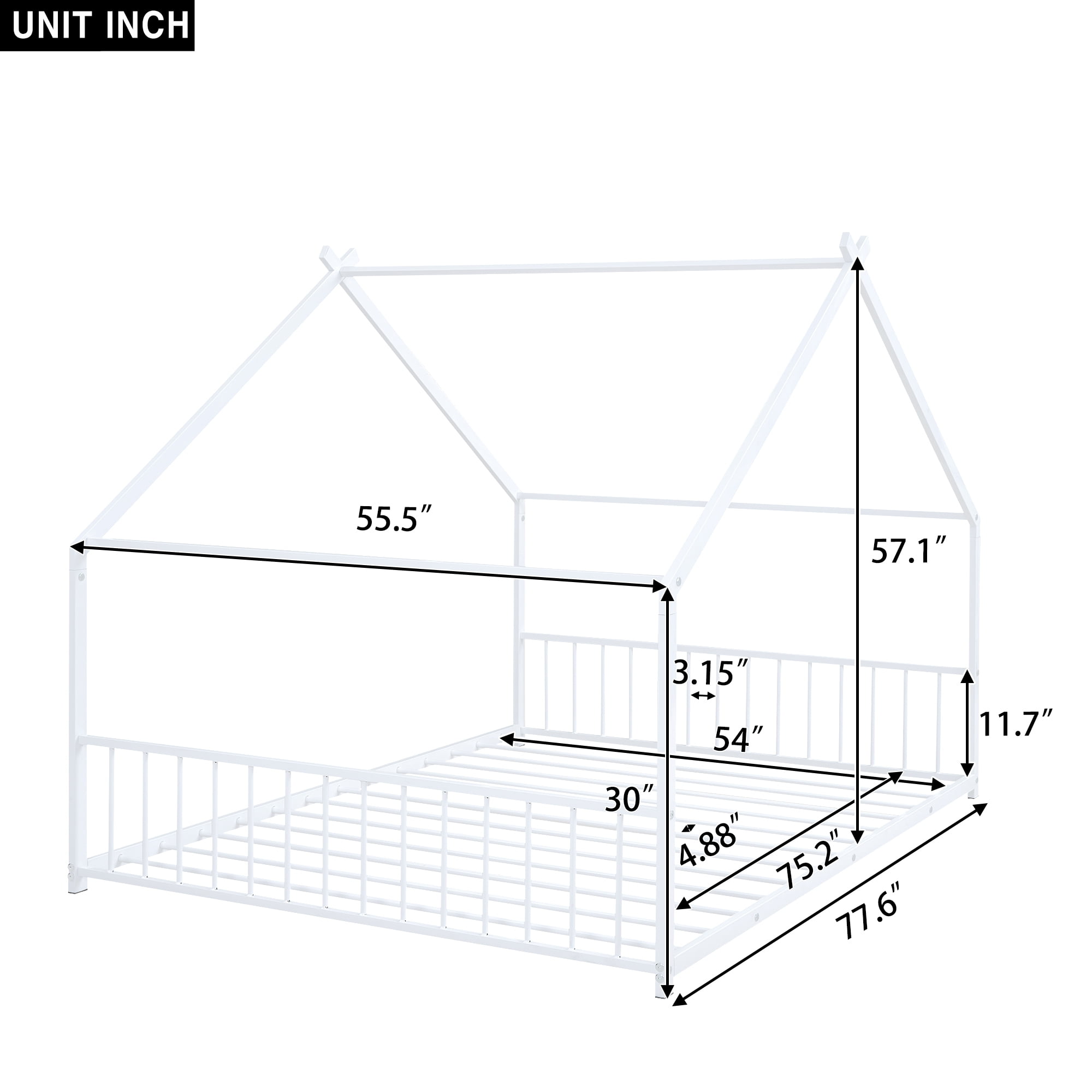 Jopath Full Size Bed Metal Floor Bed,Full House Bed Frame Floor Bed Frame,With Roof With Headboard And Footboard With Slats Support For Kids Toddler White