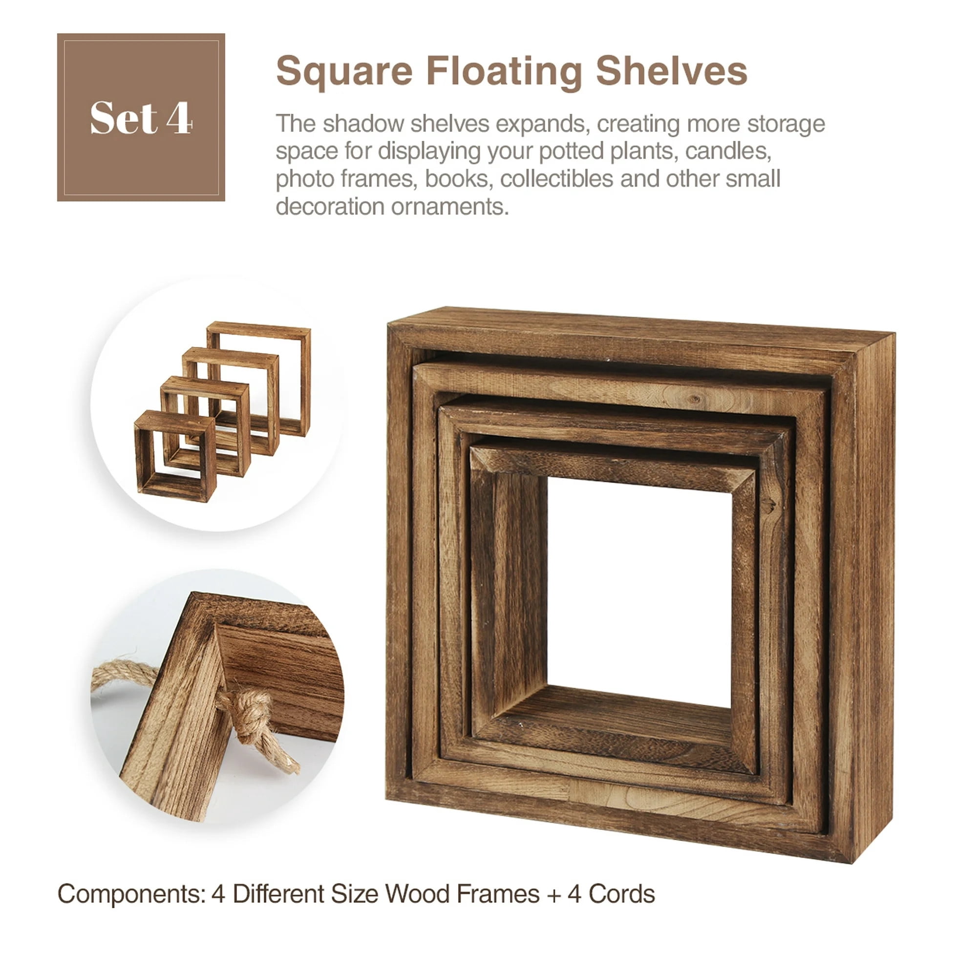 TEAFIRST Set of 4 Floating Hanging Square Shelves, Wall Mounted Rustic Wood Shelf for Living Room