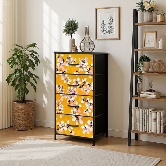 4 Drawer Vertical Storage Dresser Fun bright white spring flowers for fabric textile with Wood Top Fabric Pull Drawers