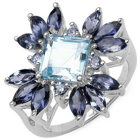 Iolite Tanzanite Ring Genuine Square Blue Topaz, Iolite and Tanzanite Ring in Sterling Silver - Size 6.00 ()