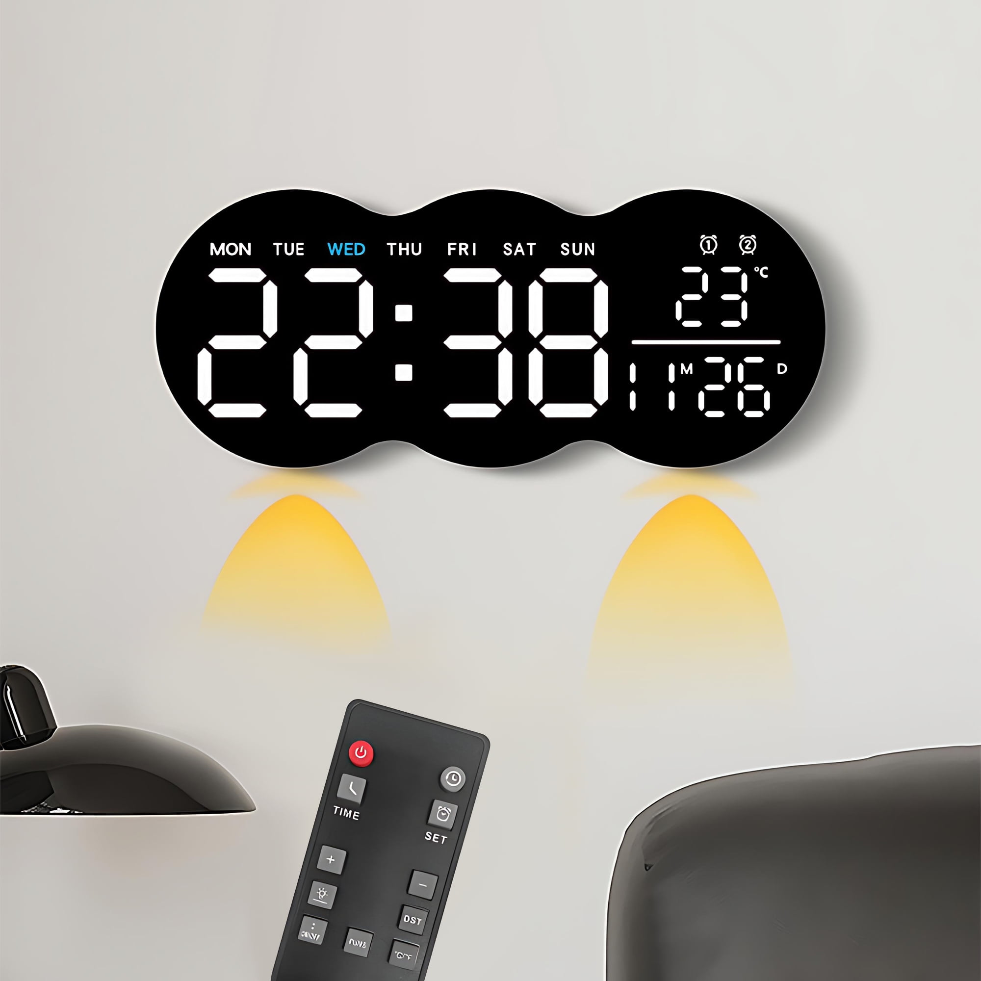 INSMART 11" Digital Wall Clock Large Display for Home,Cloud Shape Digital Alarm Clock with Remote Control,Dual Alarm Clock,Temperature,Date,12/24H,DST for Bedroom, Kitchen,Office,Black