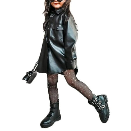 

Musuos Little Girl Dress Leather Shirt Dresses Jacket Button Cardigan Outerwear