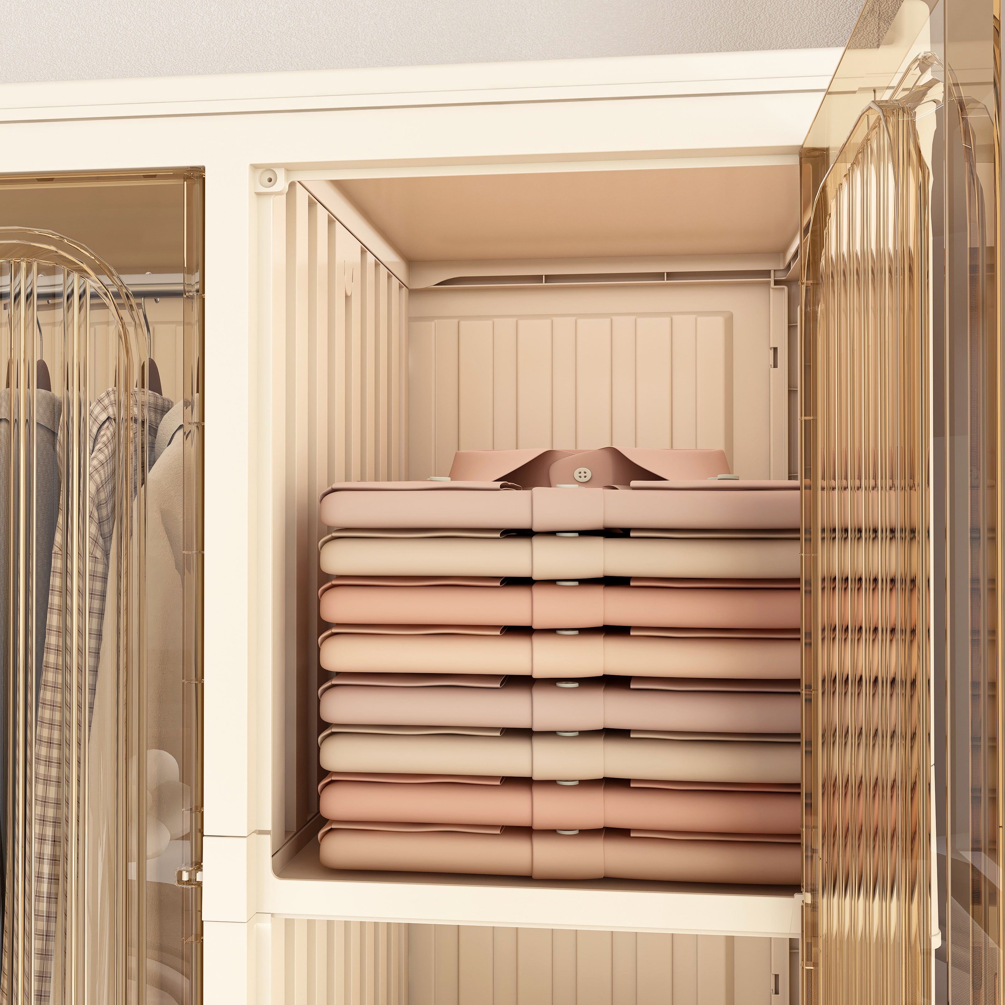 Resenkos Portable Wardrobe Closet Storage Organizer, Clothes Dresser with 12 Magnetic Doors (12 Cubes & 1 Hanging Rod) & 6 Hangers, Cream White