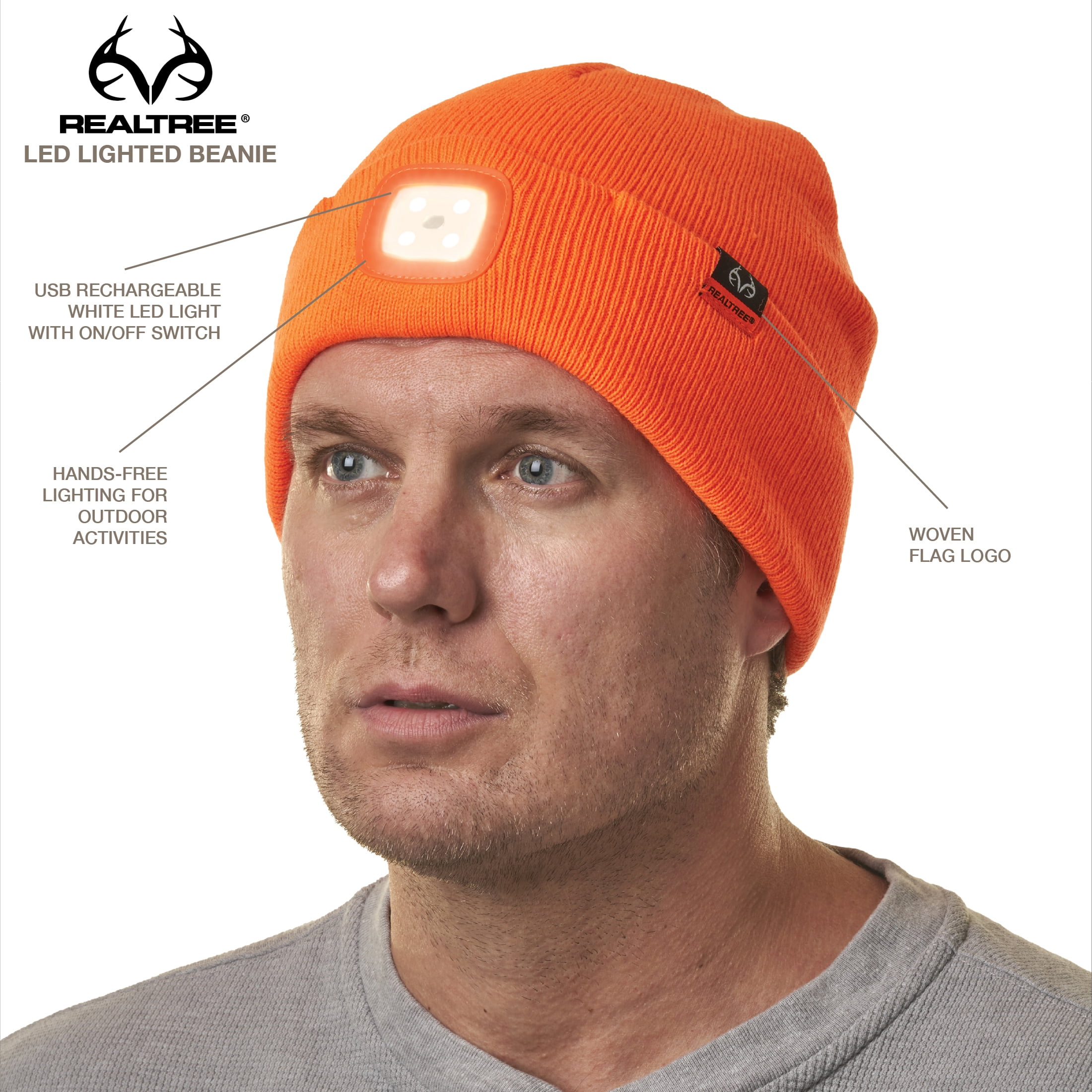 Realtree Blaze Orange LED Lighted Hunting Beanie Hat, Unisex