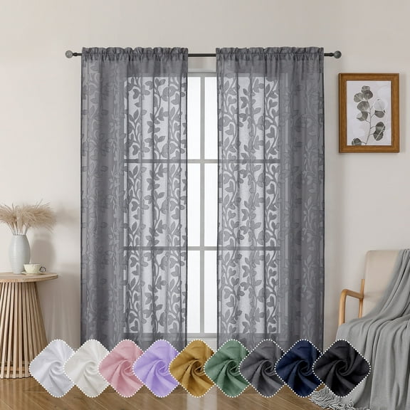 OVZME Darla Charcoal Grey Curtains 72 Inches Long 2 Set for Bedroom, Jacquard Clip Leaf Pattern Sheer Privacy Curtains for Living Room Balance Light & Privacy Sheers Window Drapes, Each 42Wx72L
