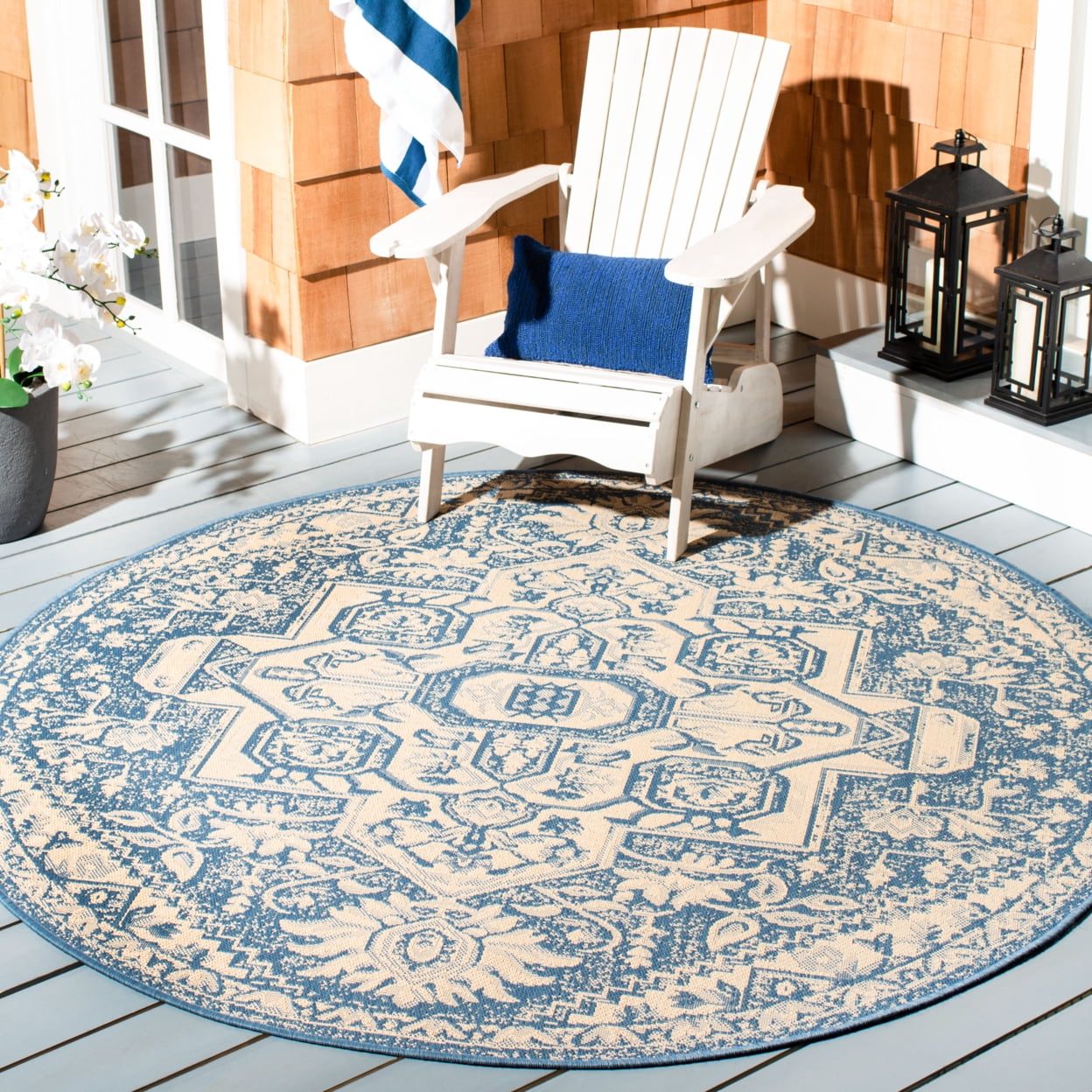 SAFAVIEH Beach House Jose Geometric Indoor/Outdoor Area Rug Cream/Blue, 6'7" x 6'7" Square