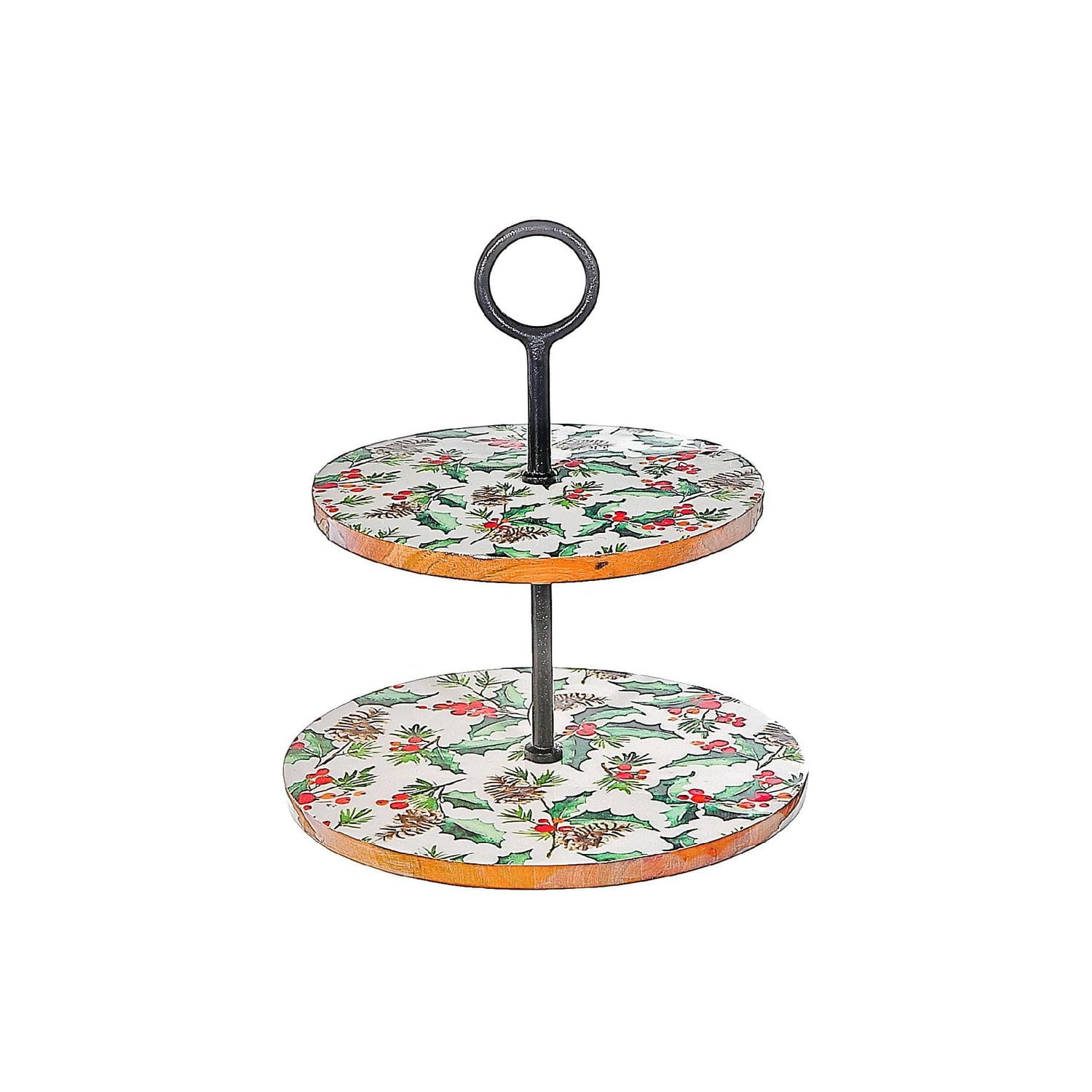 Christmas Enameled Acacia Wood 2 Tier Cake Stand Holly Berries