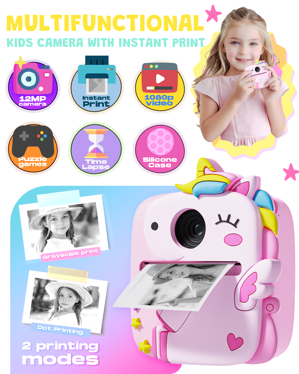 Prysyed Upgrade Kids Camera Instant Print, Pink photo 2