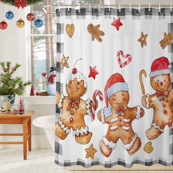Shower Curtain Bathroom Set Christmas Vintage Gingerbread on White Waterproof Fabric Shower Curtains with Grommets&Hooks White Black Buffalo Plaid Privacy Bath Curtain for Bathtub 36x72in