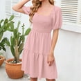 thumbnail image 3 of Elvqul Solid Dresses Women Short Sleeve Square Neck Midi Silk Pink Ruffled Ladies Dresses, 3 of 8
