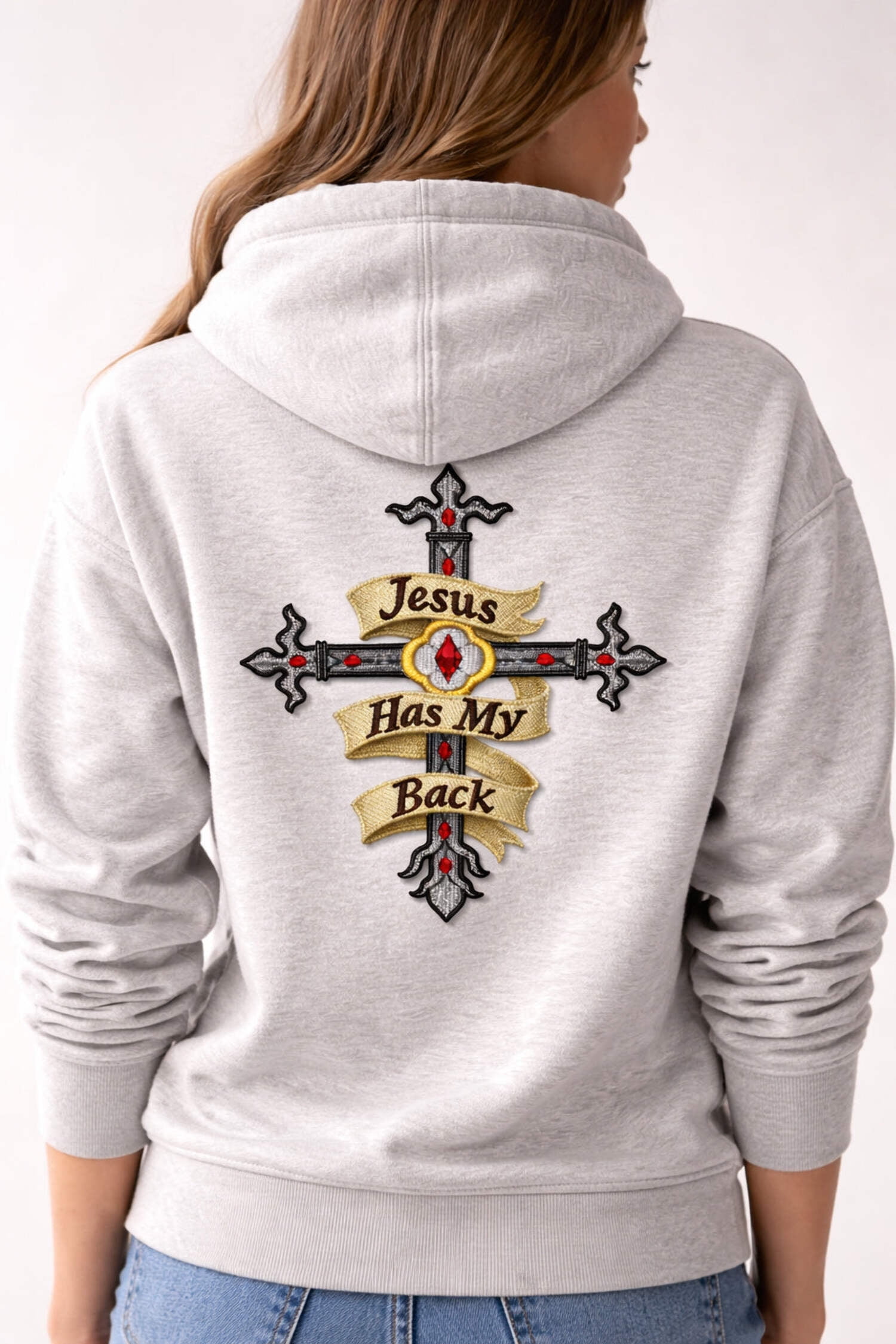 Holy Cross Jesus has My Back Embroidery Iron On/Sew Patch [6.5" x 4.87"]
