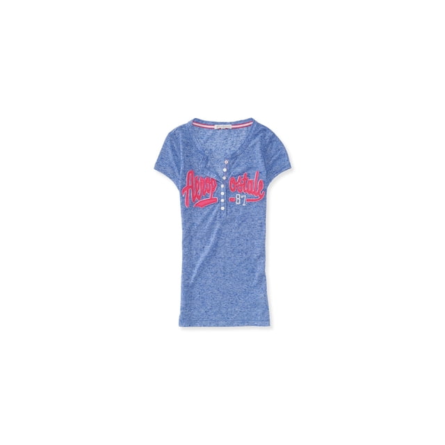 Aeropostale - Camiseta henley jaspeada para mujer, azul, extra pequeña