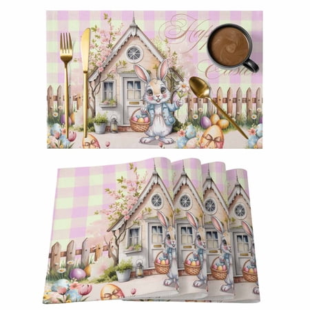 Happy Easter Placemats Set of 8 Watercolor Rabbit Cabin Colored Eggs Pink Plaid Non-Slip Place Mats Washable Table Mats for Kitchen Dining Table Decorations Indoor/Outdoor