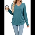 thumbnail image 3 of Camisetas de Mujer con Cuello en V, Larga, Informales, Básicas, Lisas y Suaves Azul Pavo Real XL, 3 of 10