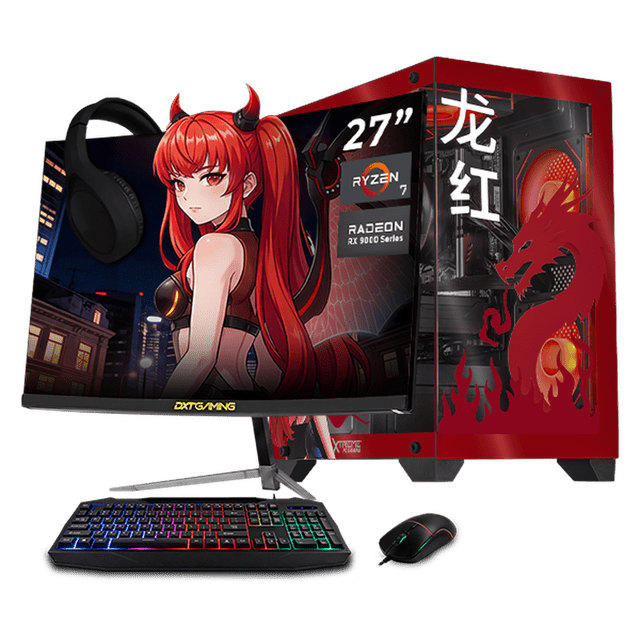 pc gamer completa xtreme pc gaming amd radeon rx 9060 ryzen 7 5700 16gb ssd 1tb monitor curvo 27 180hz wifi scarlet dragon gaming 1080p, estudios y multitarea Equipo negro Xtreme con torre roja y lateral transparente con gráfico de dragón, monitor curvo 27" 180 Hz al frente con arte temático, teclado, mouse y audífonos RGB; torre muestra iluminación ARGB y ventiladores integrados, incluye adaptador WiFi+Bluetooth y Windows 11 Home Trial instalado.