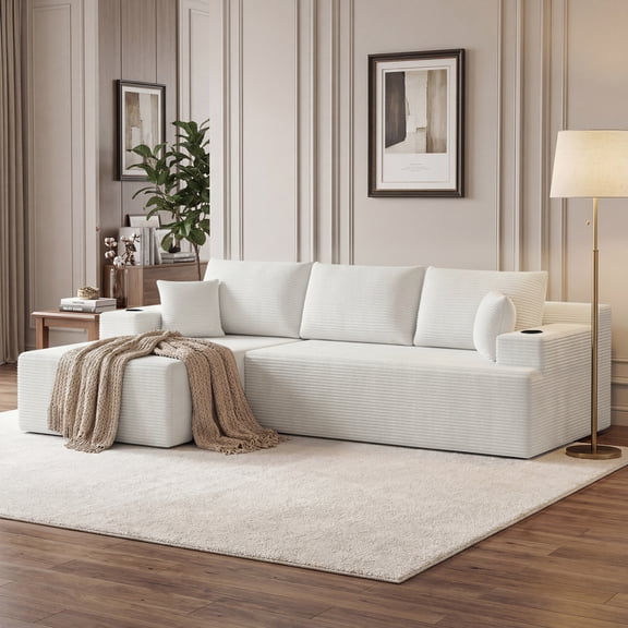 105'' Modular Sectional Sofa With Chaise, L Shaped Couch With Cup Holders, 2-Piece Cloud Couch With Deep Seat, Upholstered Corduroy Boneless Couch For Living Room, No Assembly Required, Beige