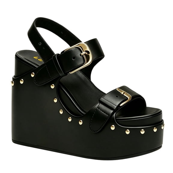 FSJ Women Open Toe High Heel Wedges Adjustable Double Buckle Slingback Studded Platform Wedge Sandals Size 8 Black