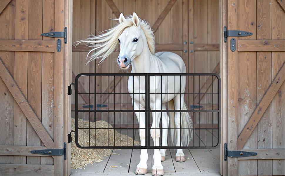 48-inch-wide barn door fence (made of heavy-gauge steel), featuring a quick-install safety gate (with convenient two-way opening), a thick surface coating, and a long service life; suitable for vario