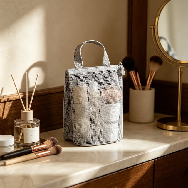 Bolsa de artículos de aseo para viajes con compartimentos de malla, impermeable y transpirable, de gran capacidad y ligera, para playa, vacaciones, gimnasio, rosa o gris.