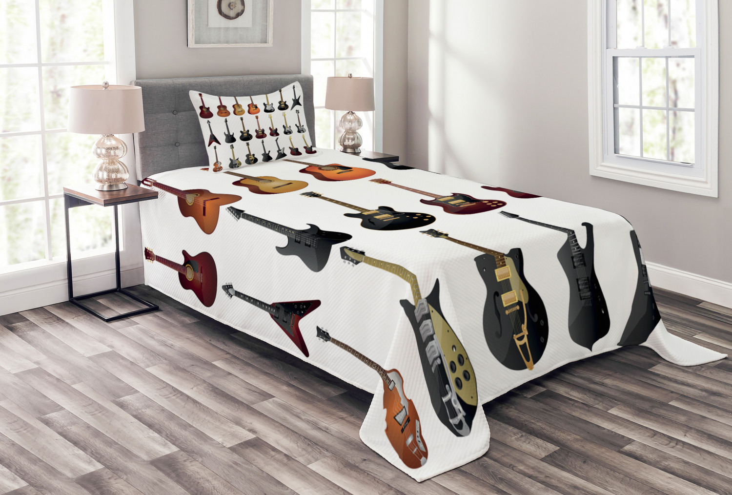 Music Bedspread Set Twin Size, Instruments Pattern Classical and Bass
