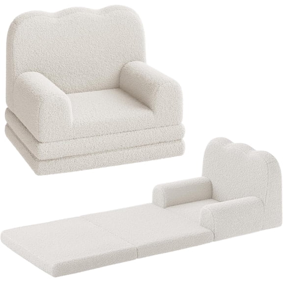Kids Couch 2 in 1 Convertible Teddy Fleece Toddler Sofa, Soft Fold Out Lounger, White