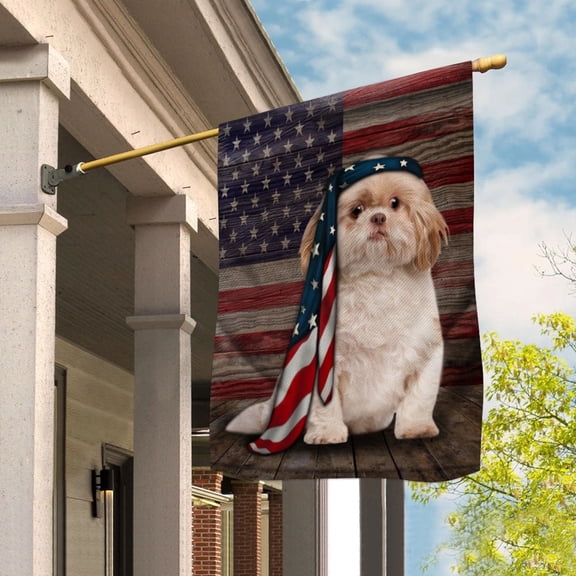 American Flag Shih Tzu Dog Proud Patriotic 4th of july House Flag (29.5x39.5) Double Sided USA Flags Premium Polyester Decorative Indoor Outdoor Flag
