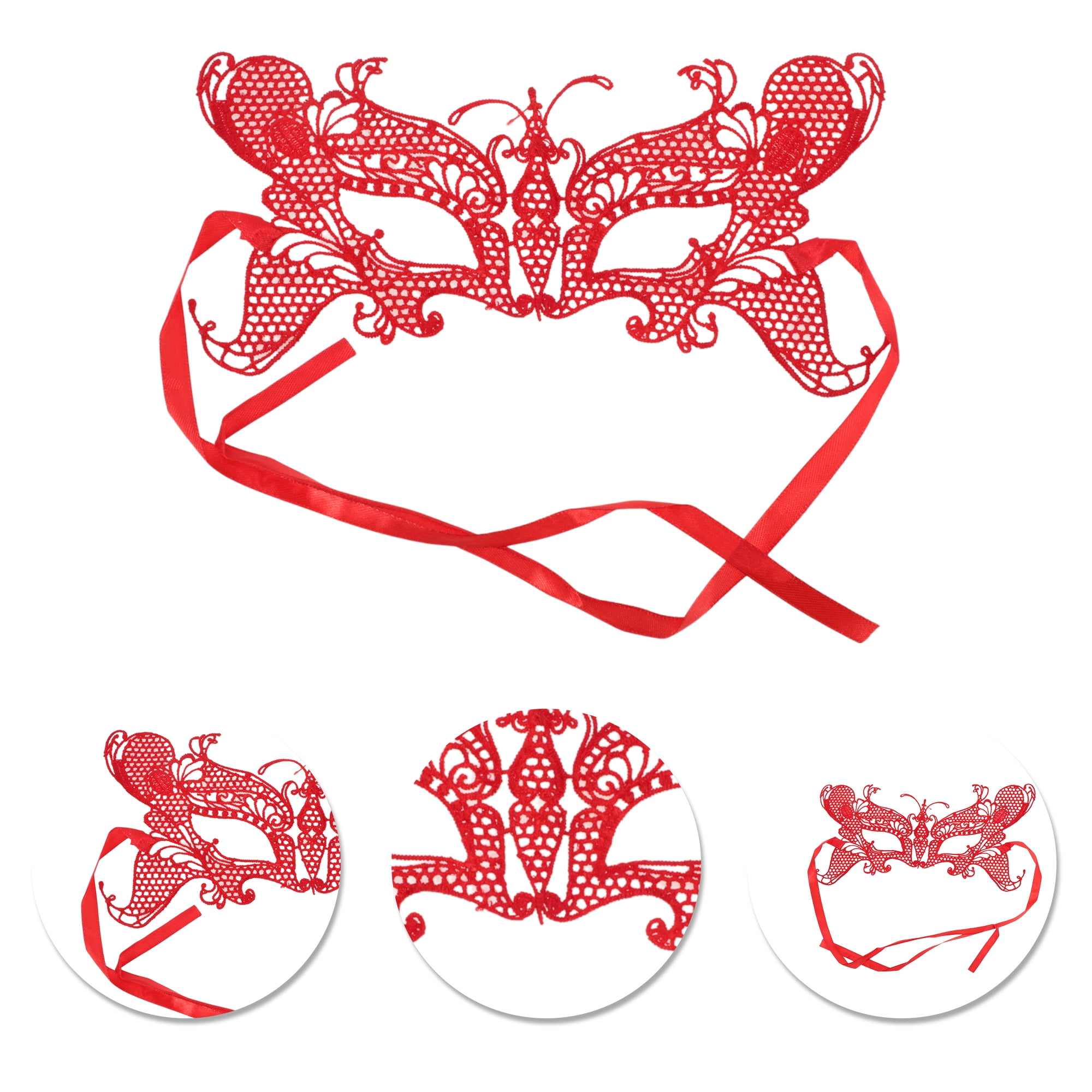 Unique Bargains Elegant Lace Half Face Party Mask for Halloween Red Pattern 2