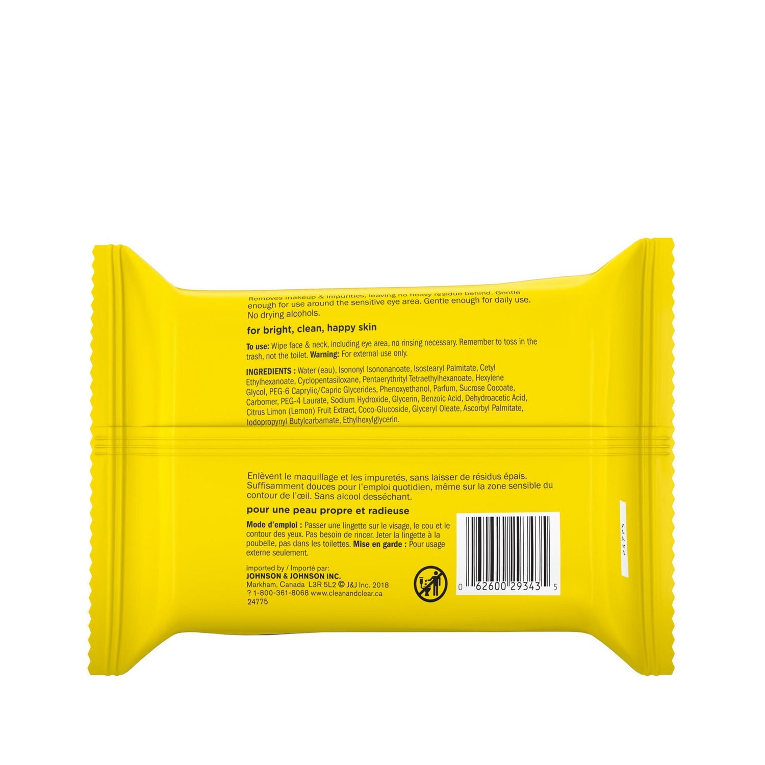 Lingettes nettoyantes démaquillantes pour le visage Clean & Clear au citron, avec vitamine C
