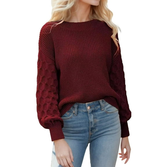 Ediodpoh Womens Crewneck Long Sleeve Puff Sleeves Sweaters Casual Loose Knitted Pullover Tops Womens Sweaters Comfortable Red XL