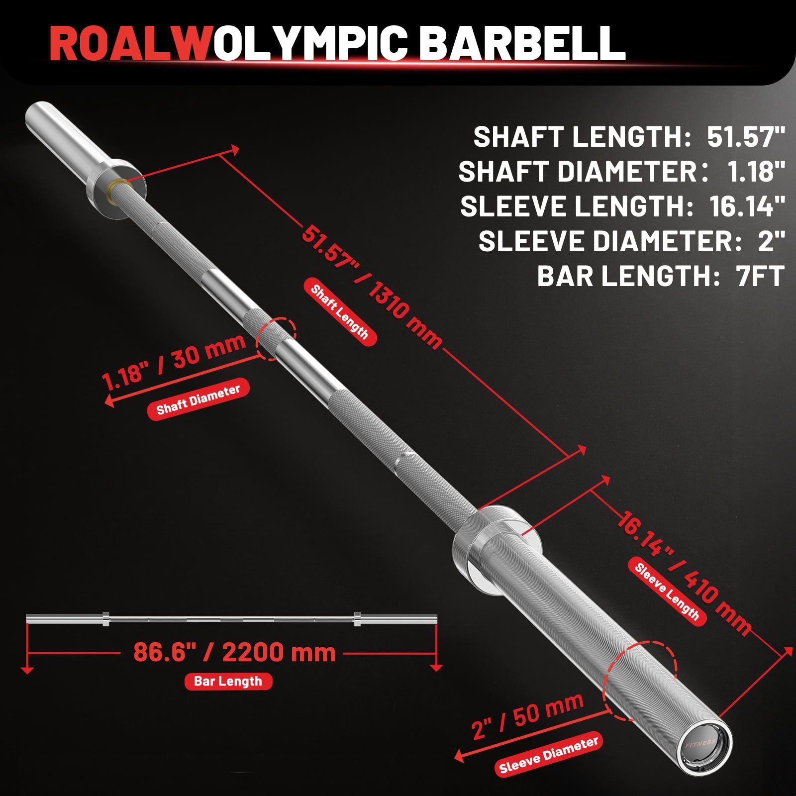ROALW Olympic Barbell, 2-inch Weight Bar for Strength Training. 7ft Olympic Bar, 1000lb Plus Capacity, Chrome/Zinc Plating, knurled Grip for Bench Press Deadlift Squat, Silver