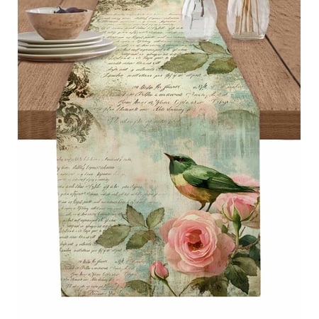 Vintage Pink Floral Table Runner 60 Inches Birds Retro Mottled Middle Century Bed Runner Dresser Scarves Tabletop for Indoor Outdoor Parties/Ceremony/Banquet 13 x 60