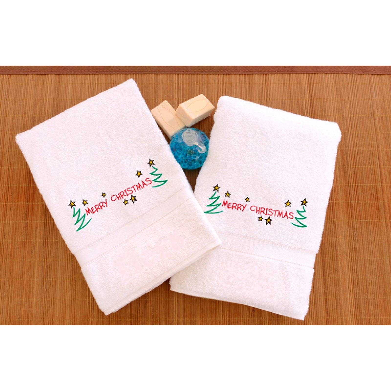 Embroidered Hand Towels with Merry Christmas Set of 2