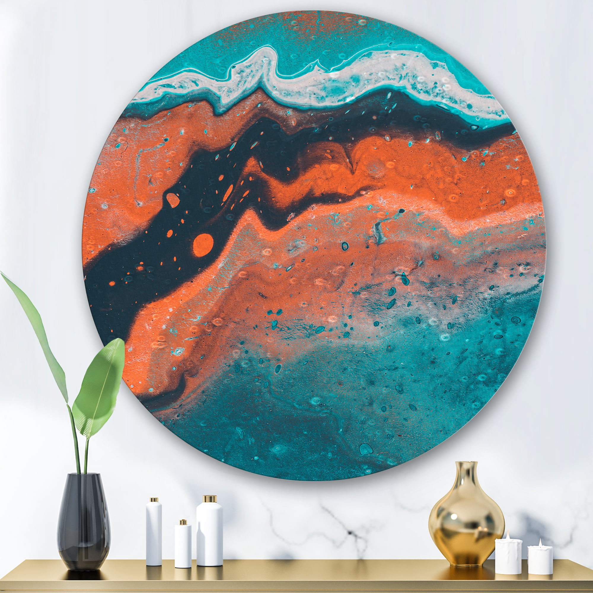 Designart 'Abstract Marble Composition In Orange and Blue VI' Modern Circle Metal Wall Art 29x29 - Disc of 29