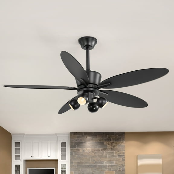 ALKAFY 52 inch Matte Black Industrial Ceiling Fan - 5 Blades with Light & Remote for Living Room, Bedroom