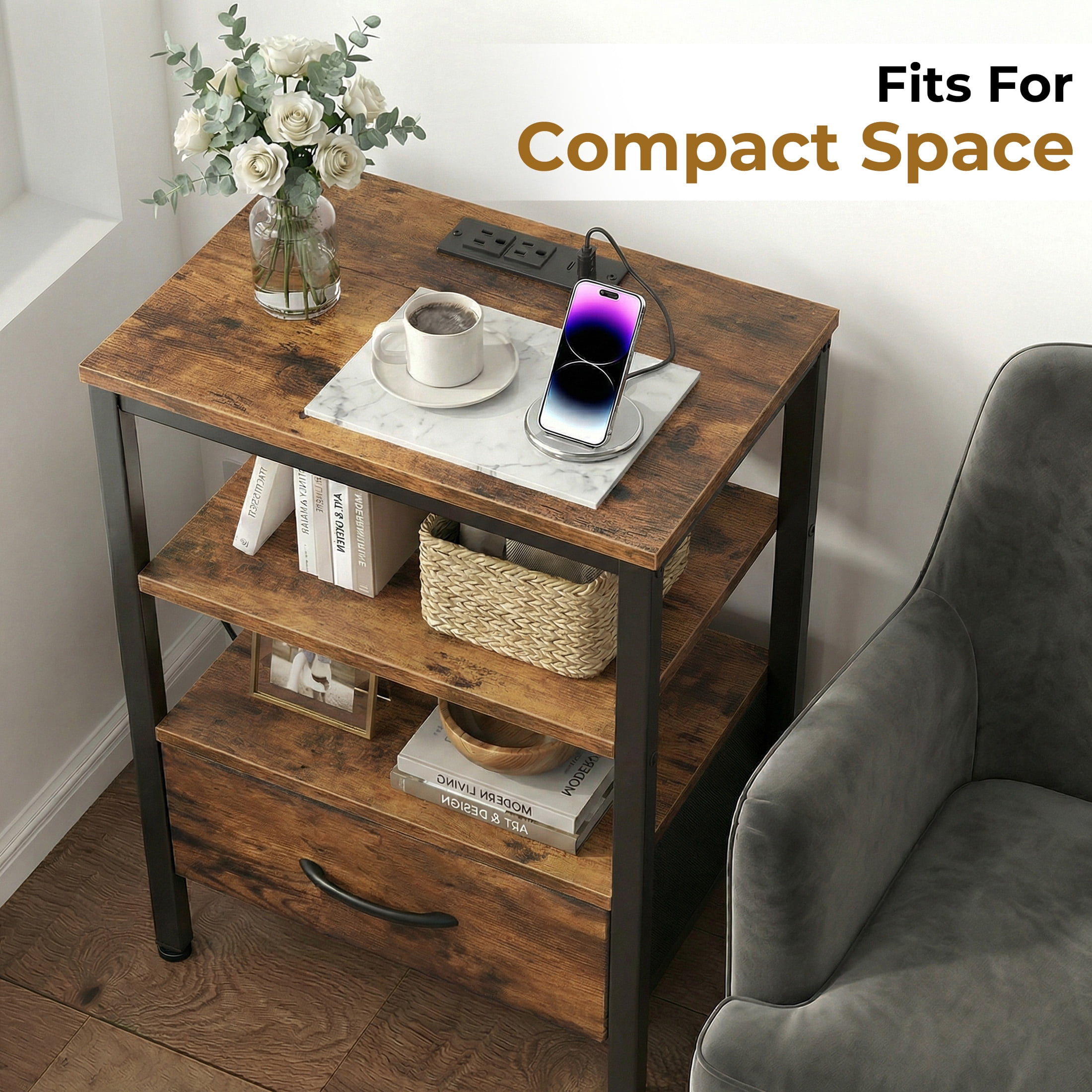 EDX Wall-Mounted Bedside Table, Built-in Outlet with USB/Type-C Ports and Adjustable Drawer, 3-Tier Storage Shelf with Fabric Drawer for Bedroom Space Saving, Genuine antique wood color