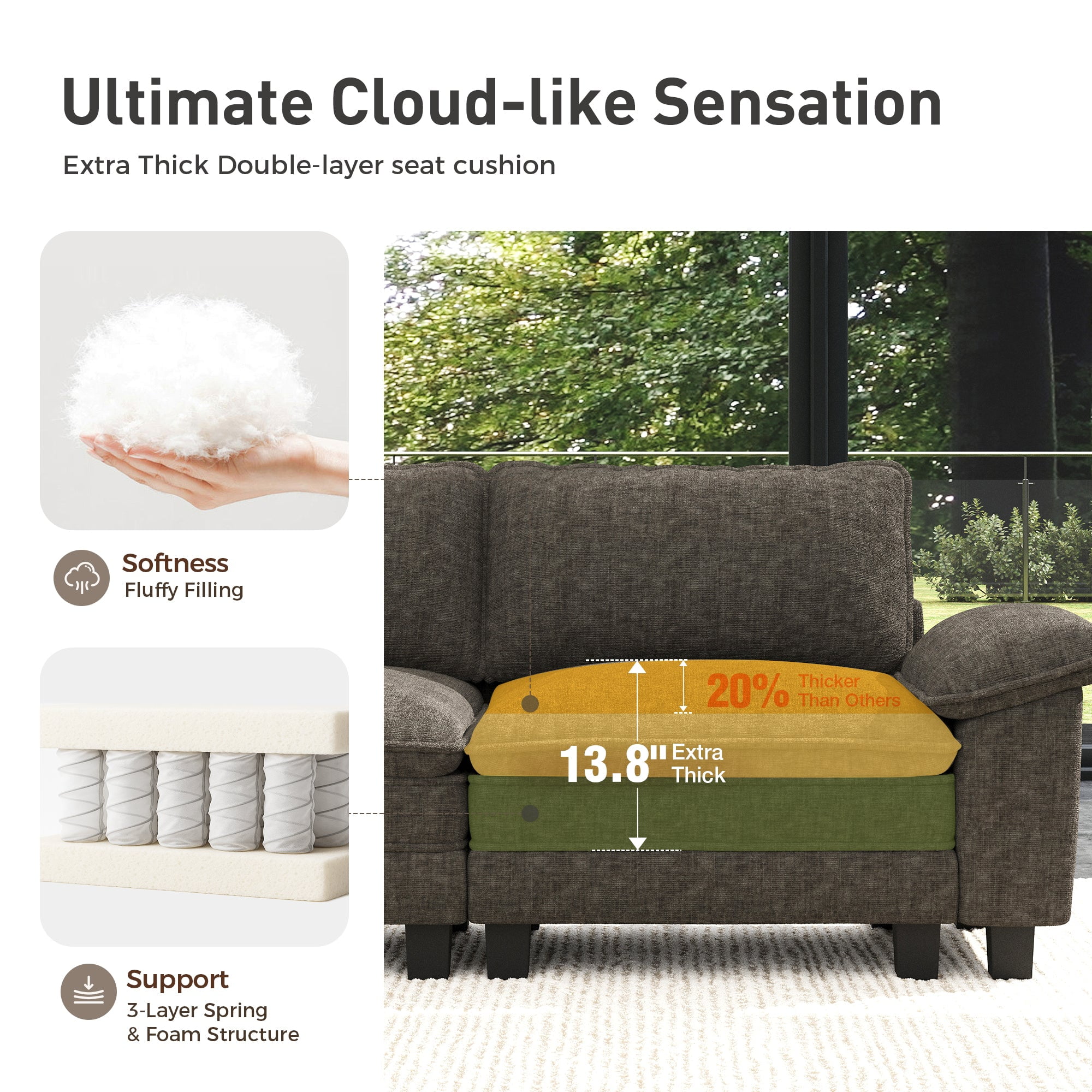 Sophia&William 3-Seat Modular Sectional Sofa Sets, Modern Chenille Cloud Couch Deep Seat with Corduroy Frame & 3 Pillows for Living Room, Apartment, Ash Gray