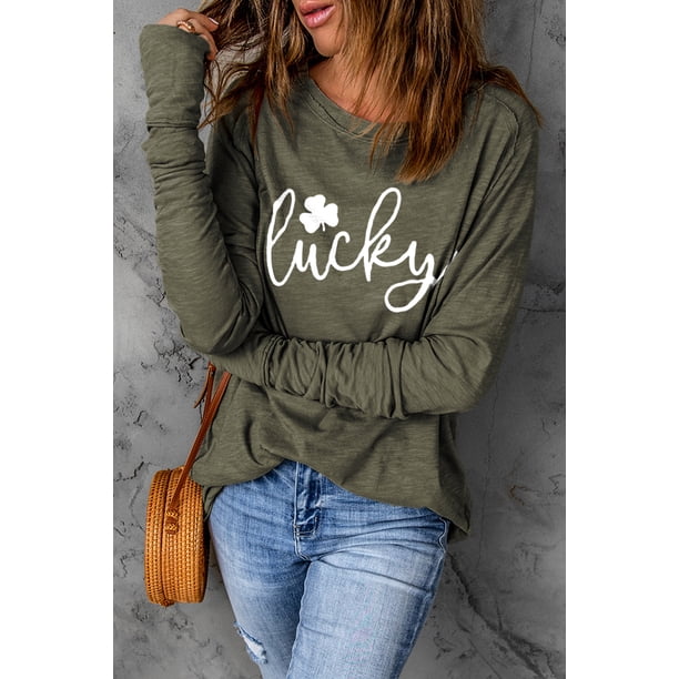 ABPHQTO Top tipo túnica de manga larga con estampado gráfico de trébol de la suerte verde para mujer